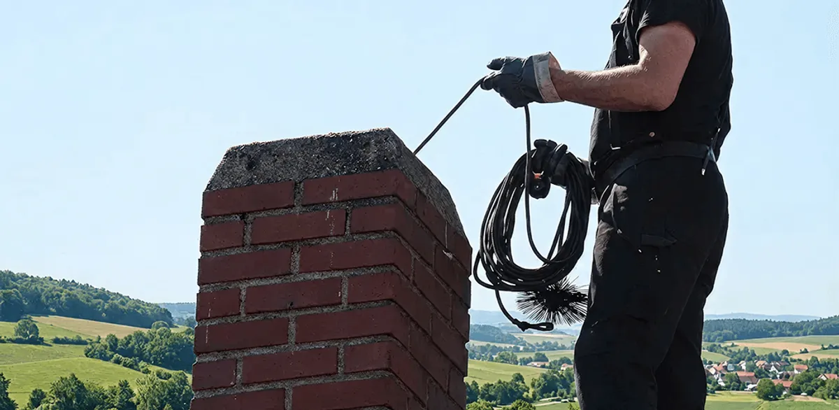 Chimney sweep inspecting and cleaning a rooftop chimney in Oakland, CA