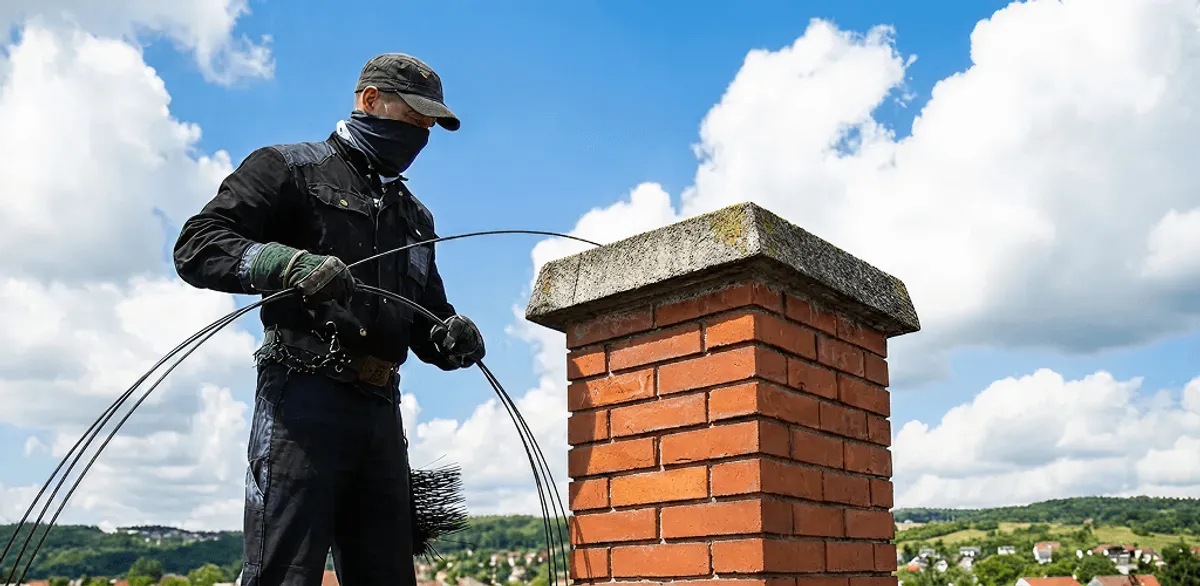 Chimney sweep cleaning a brick chimney with professional tools in Oakland, CA