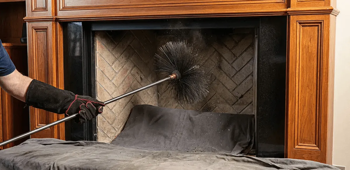 Chimney cleaning service brushing soot from a fireplace and flue in Oakland, CA