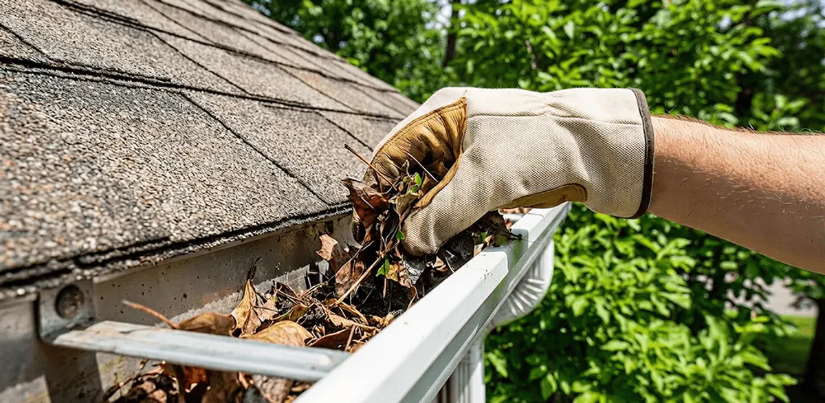 Gutter cleaning removing leaves and debris from roof gutters in Oakland, CA