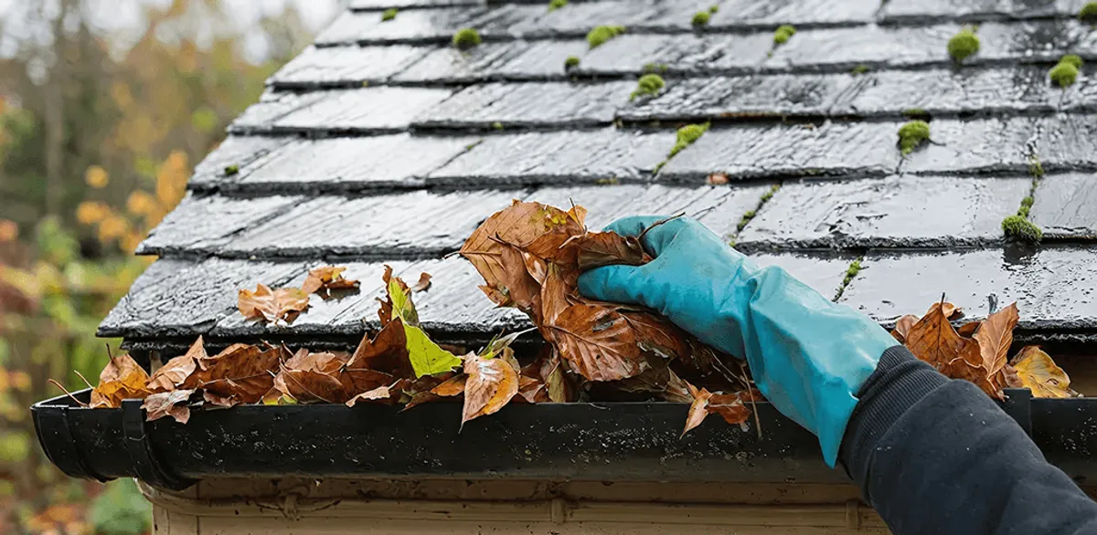 Gutter cleaning technician clearing wet leaves from roof gutters in Oakland, CA