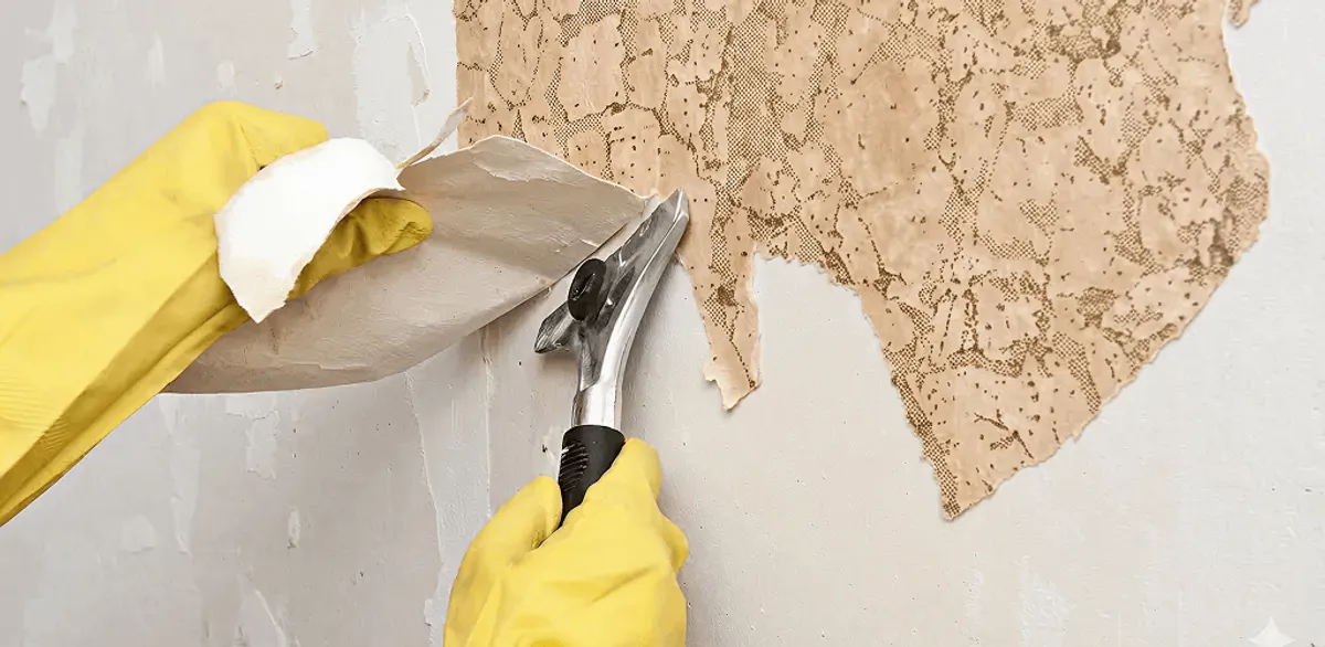 Wallpaper removal service stripping old wallpaper from a wall in Oakland, CA