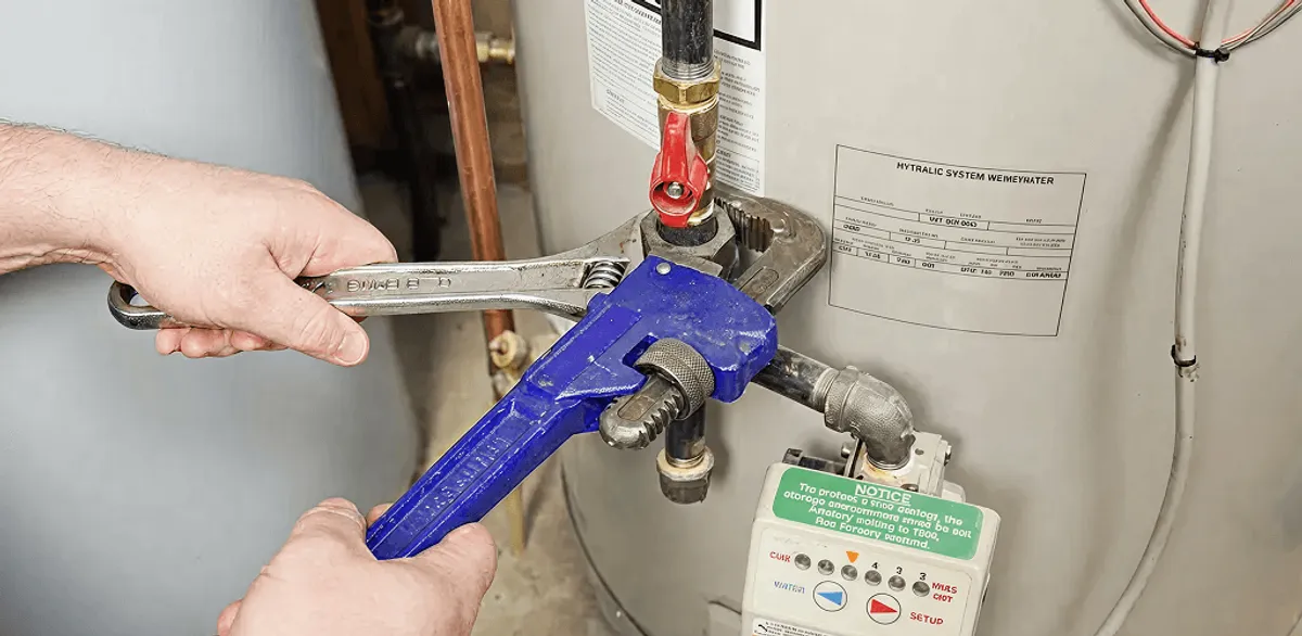 Water heater repair technician tightening the shutoff valve and supply line in Oakland, CA