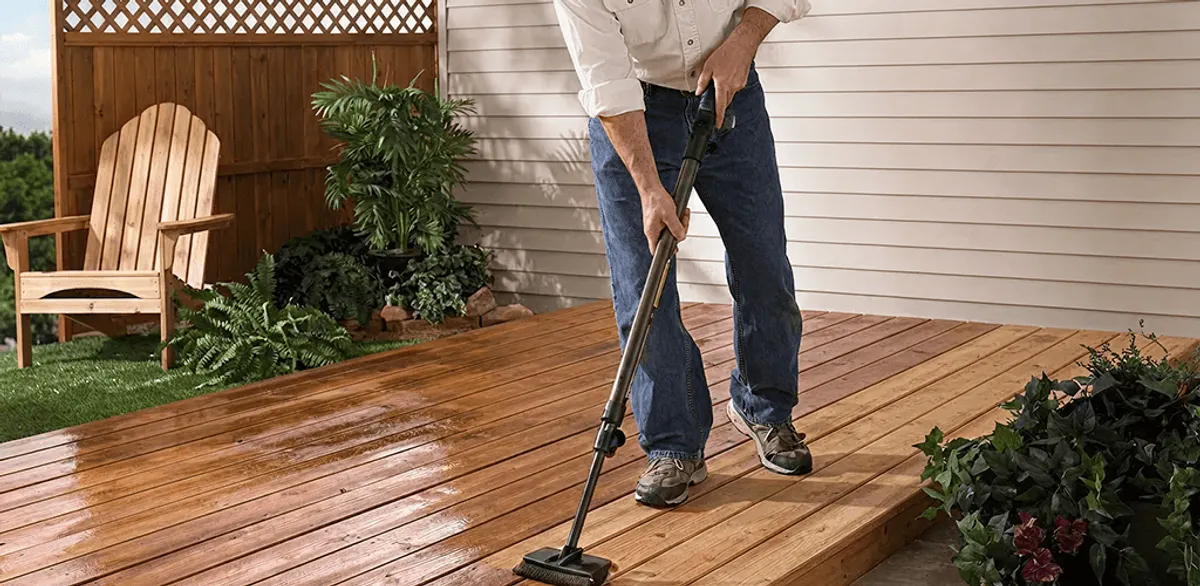 Deck staining service applying stain to a backyard wood deck in Oakland, CA